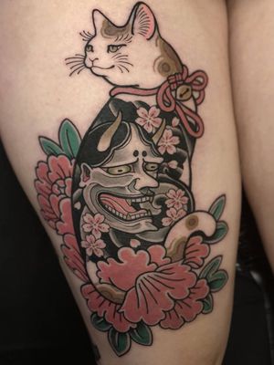 Tattoo by Sven Anholt #SvenAnholt #Anholttattoo #japanese #monmon #cat #peony #cherryblossom #bell #hannya 