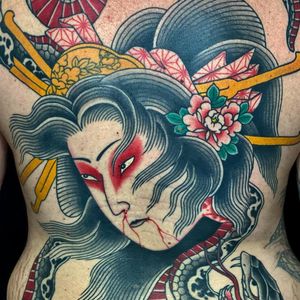 Geisha namakubi tattoo by Ivan Cassio #IvanCassio #namakubi #geisha #oiran #severedhead #flower #peony #backpiece #snake