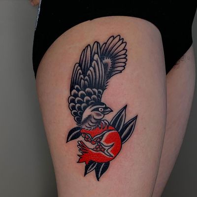 Tattoo by Sema Dayoub #semadayoub #nassimdayoub #traditionaltattoo #qttr #queertattooer #bird #feathers #wings #pomegranate #fruit