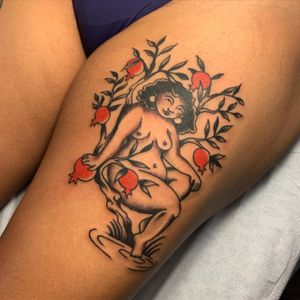 Tattoo by Sema Dayoub #semadayoub #nassimdayoub #traditionaltattoo #qttr #queertattooer  #darkskintattoo #darkskinbodyart #portrait #pinup #pomegranate #fruit #love