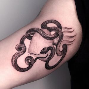 Tattoo by Alena Zozulenko #AlenaZozulenkoo #illustrative #blackandgrey #heart #snake #sacredheart #animal #nature #fire