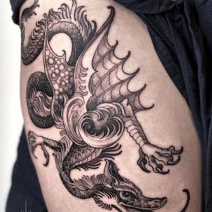 Tattoo by Alena Zozulenko #AlenaZozulenkoo #illustrative #blackandgrey #dragon #medieval #mythicalcreature #creature