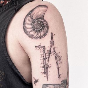 Tattoo by Alena Zozulenko #AlenaZozulenkoo #illustrative #blackandgrey #compass #shell #fibonaccispiral #fineline #linework 