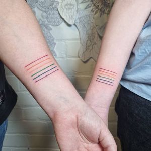Rainbow tattoos by clarktattoos #clarktattoos #rainbow #matching #linework #minimal #simple #queertattoo #qttr #pridetattoo #lgbtqiatattoo #lgbtqtattoo
