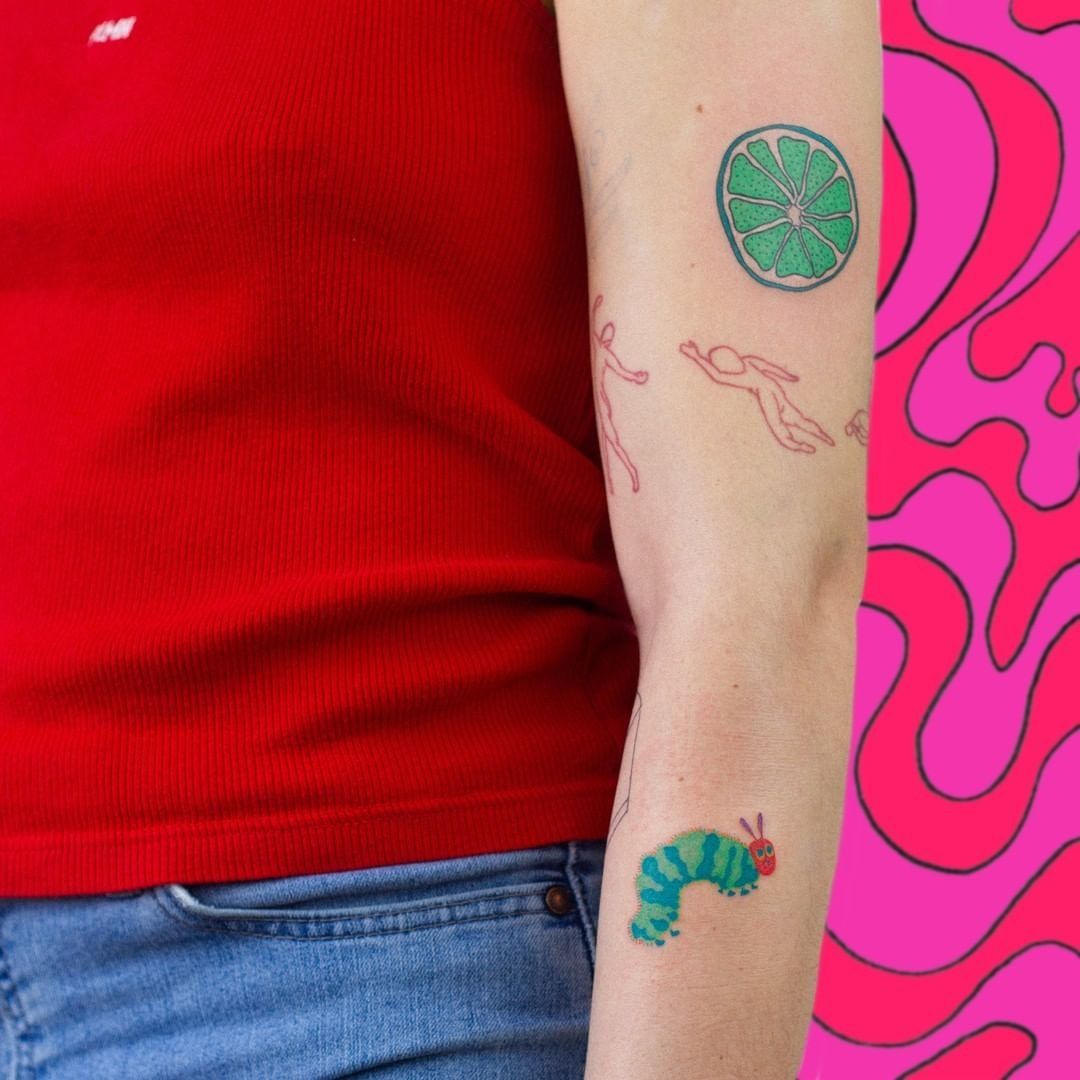 Tattoo uploaded by Justine Morrow  Cute Hungry Caterpillar and Matisse  tattoo by ladnie ladnie caterpillar matisse lime fruit animal cute  queertattoo qttr pridetattoo lgbtqiatattoo lgbtqtattoo  Tattoodo