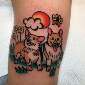 Corgi tattoo by Julia Campione #JuliaCampione #corgi #sun #butterfly #flower #traditional #dogtattoo #dog #petportrait #animal