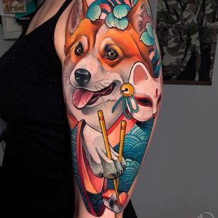 Corgi tattoo by green.vesper #greenvesper #corgi #japanese #suchi #kitsune #mask #dogtattoo #dog #petportrait #animal #newschool #color