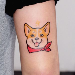 Corgi tattoo by  loveyoon.too #loveyoontoo #corgi #newschool #cute #dogtattoo #dog #petportrait #animal