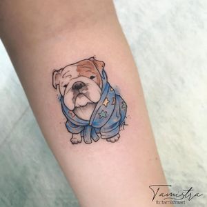 Bulldog tattoo by Tamista_art #tamistaart #watecolor #linework #star #bulldog #newschool #dogtattoo #dog #petportrait #animal