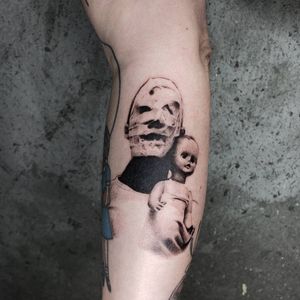 Illustrative tattoo by Kristianne aka krylve #kristianne #krylev #illustrative #meatyard #darkart #horror #baby #babydoll #monster #demon