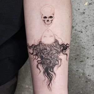 Illustrative tattoo by Kristianne aka krylve #kristianne #krylev #illustrative #takatoyamamoto #eroguro #skull #portrait #anime #manga