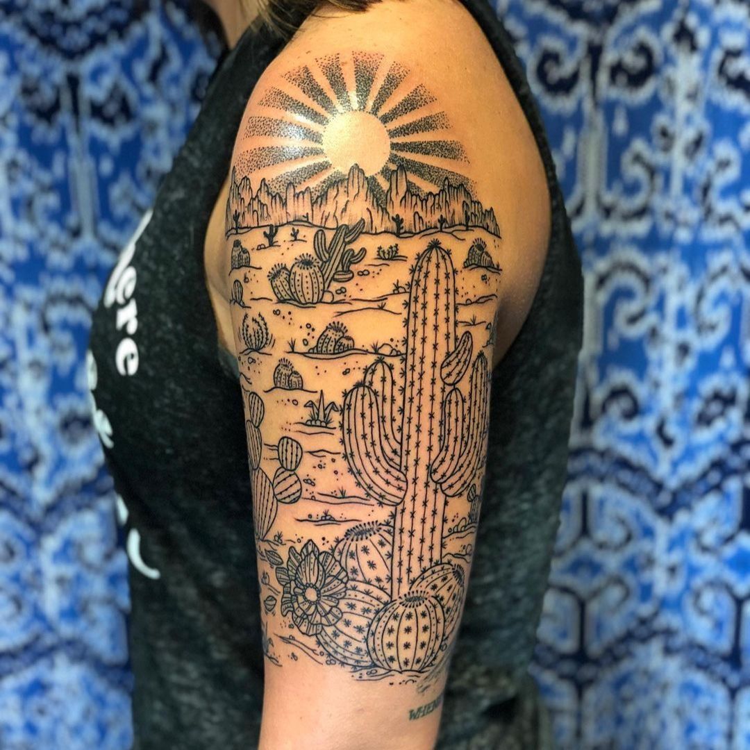 Desert landscape tattoo by Eric Peta at Mad World Tattoo in Mesa AZ  r tattoos
