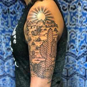 Desert tattoo by borneospiraltattoo #borneospiraltattoo #illustrative #desert #cactus #sun #mountain #nature #landscapetattoo #landscape