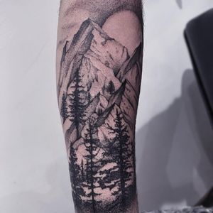 Mountain tattoo by audenita #audenita #landscapetattoo #landscape #nature #mountain #trees #sun #dotwork
