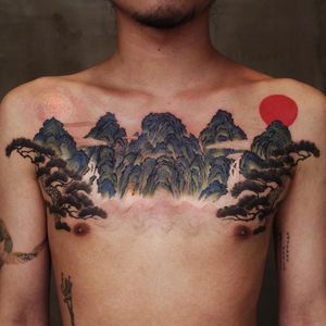 Landscape chest tattoo by Moon Cheon #MoonCheon #landscape #nature #mountains #trees 