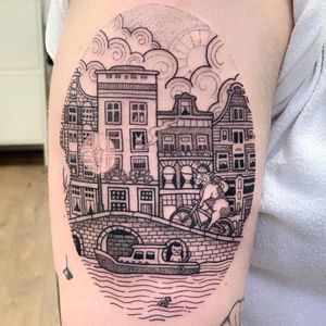 Illustrative landscape tattoo by Suflanda #Suflanda #landscape #nature #city #illustrative #building #architecture #animals #boat #canal #bridge #cute