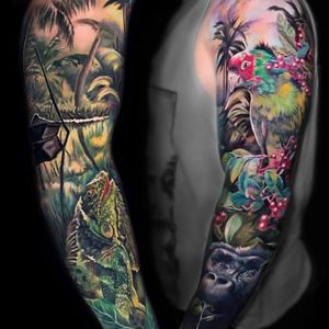 Jungle tattoo by Paul Rosenberg #PaulRosenberg #landscapetattoo #landscape #nature #jungle #Monkey #parrot #chameleon #trees #color #realism