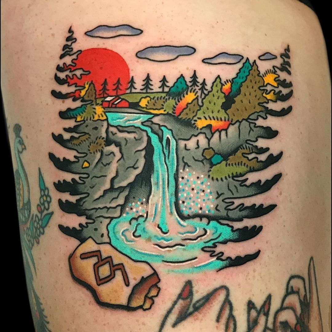 Mountain Waterfall tattoo design I made : r/HomeOfCreators