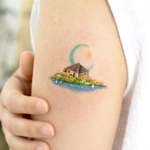 Watercolor landscape tattoo by Ovenlee #ovenlee #watercolor #landscape #nature #anime #manga #howlsmovingcastle #cottage #studioghibli #house #architecture #building #moon #star