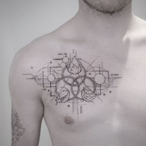 Complex fine line tattoo