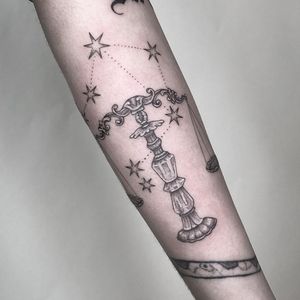 Black and Grey Zodiac tattoo by carmensdarkgallery #carmensdarkgallery #libra #zodiac #astrology #horoscope #constellation