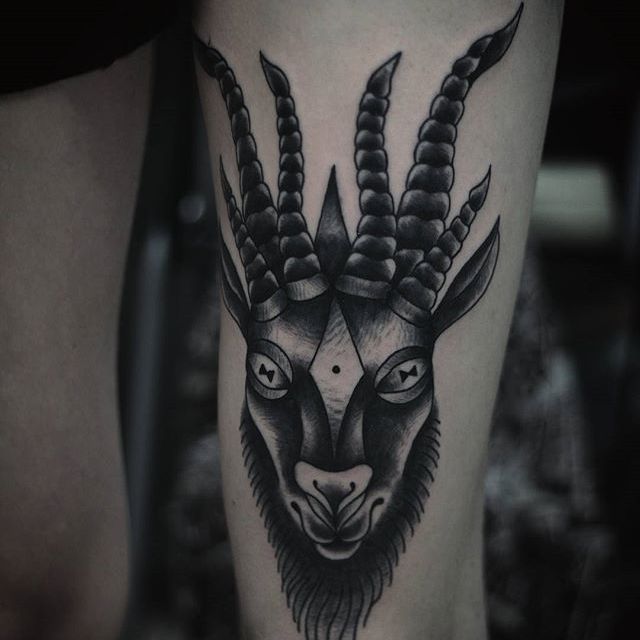 A goats head done by Des at American Tattoo Society in Fayetteville NC  Original design by my wife  rtattoos