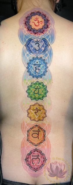 The spine is important in a spiritual and medical way. Colorful chakras spine tattoos by James Kern. #spine #spinetattoos #spiritual #chakras #colorful