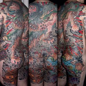 One of the best back-pieces by Rubendall. The beast depicted is a Nue. #backpiece #color #detail #MikeRubendall #Nue