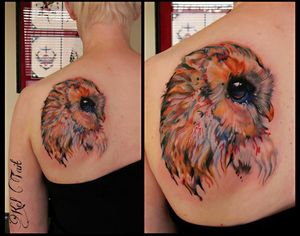 Watercolor owl tattoo by Kel Tait #watercolor #owl #color #keltait