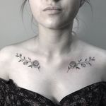 Collarbone flower tattoos by Julia Shpadyreva. #JuliaShpadyreva #blackwork #fineline #flower #floral #rose