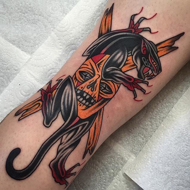 Traditional tattoo black panther and moon Vector Image