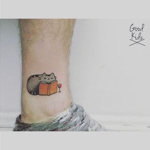 Pusheen tattoo by Good Kidz Tattoo. #bookwork #book #bookish #wine #pusheen #kawaii #cat #cute #neko #catlover