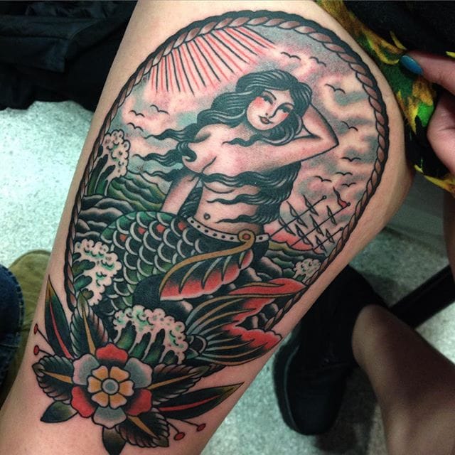 Johann Ingemar's (IG—sign_of_the_wolf) take on the classic bordered mermaid. #bangers #bold #dark #JohannIngemar #maritime #mermaid #pinup #traditional