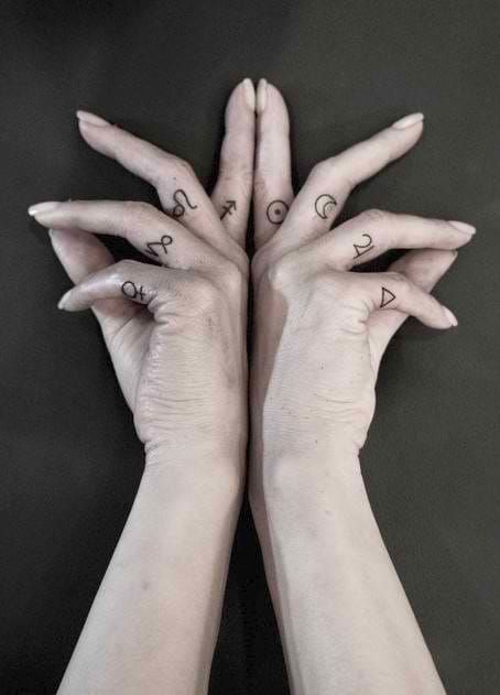 A collection of Zodiac sign symbols as finger tattoo. Cool! #finger #fingertattoos #symbols #linework #simple