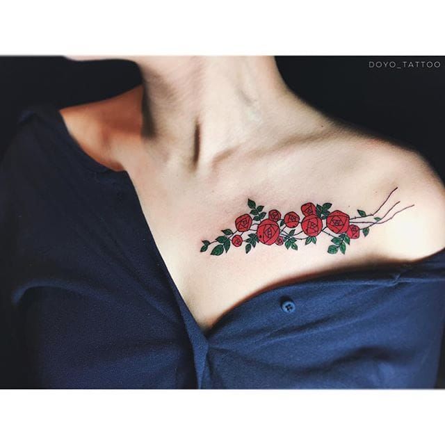Watercolor flower moon tattoo on the collarbone.