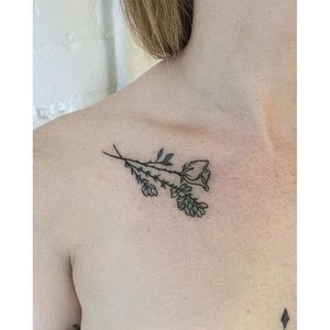 Linework collarbone tattoo by Cate Webb. #CateWebb #linework #rose #floral #flower #botanical #fineline #subtle #collarbone