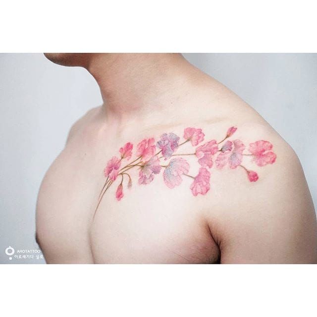 Tattoo uploaded by Xavier • Sweet pea flower collarbone tattoo by Silo.  #Silo #southkorean #sweetpea #color #floral #flower #botanical #fineline  #collarbone • Tattoodo