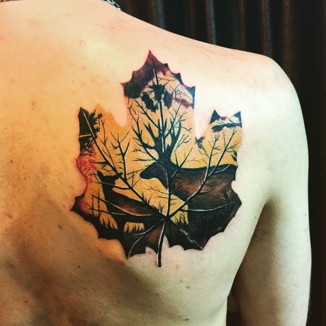 Stag and deer tattoo. Silhouettes Inside a dead leaf, a cool idea inked by Martin of Chronic Ink. #stag #deer #stagtattoo #deertattoo #silhouette #leaf #autumn #ChronicInk