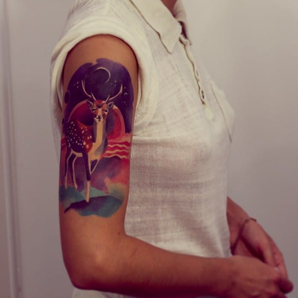 Watercolor fallow deer tattoo by Sasha Unisex. #deer #stag #watercolor #sashaunisex