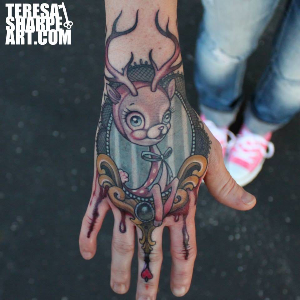 Fun hand deer tattoo by Teresa Sharpe inspired by the art of Mark Ryden. #deer #stag #fun #cartoon #teresasharrp