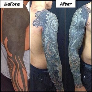 A before and after picture showing the amount of work Nathan Mould put on a sleeve #whiteink #whiteinkoverblackwork #nathanmould