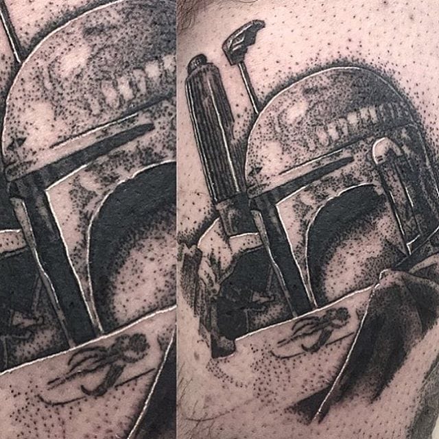 Boba Fett Tattoo by Josh Watson #bobafett #dotwork #dotworkportrait #blackworkportrait #portrait #blackdotwork #dots #blackwork #JoshWatson