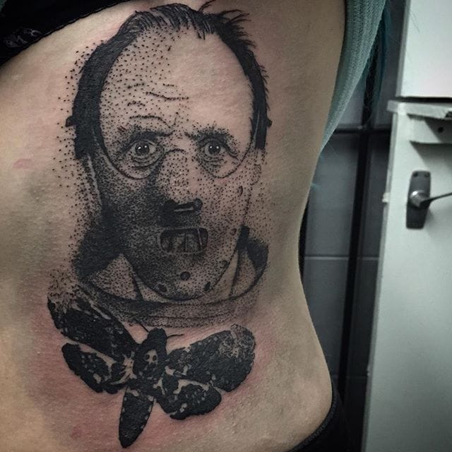 Hannibal Lecter Tattoo by Josh Watson #hanniballecter #dotwork #dotworkportrait #blackworkportrait #portrait #blackdotwork #dots #blackwork #JoshWatson
