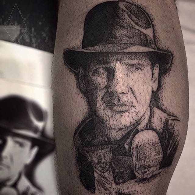 Indiana Jones Tattoo by Josh Watson #indianajones #dotwork #dotworkportrait #blackworkportrait #portrait #blackdotwork #dots #blackwork #JoshWatson