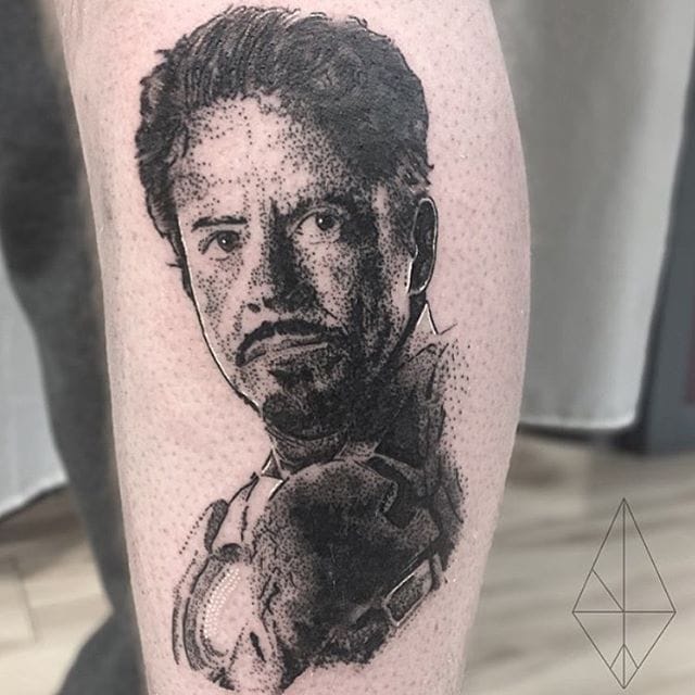 Iron Man Tattoo by Josh Watson #ironman #dotwork #dotworkportrait #blackworkportrait #portrait #blackdotwork #dots #blackwork #JoshWatson