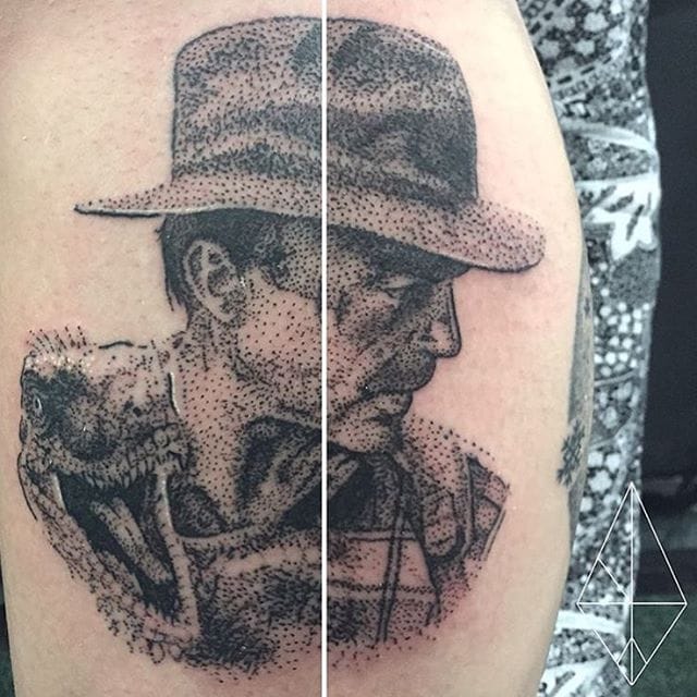 Jurassic Park Tattoo by Josh Watson #jurassicpark #dotwork #dotworkportrait #blackworkportrait #portrait #blackdotwork #dots #blackwork #JoshWatson