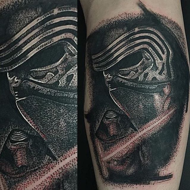 Kylo Ren Tattoo by Josh Watson #kyloren #dotwork #dotworkportrait #blackworkportrait #portrait #blackdotwork #dots #blackwork #JoshWatson