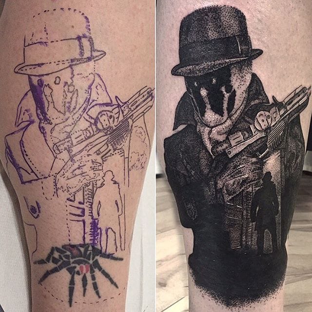 Rorschach Tattoo by Josh Watson #rorschach #dotwork #dotworkportrait #blackworkportrait #portrait #blackdotwork #dots #blackwork #JoshWatson