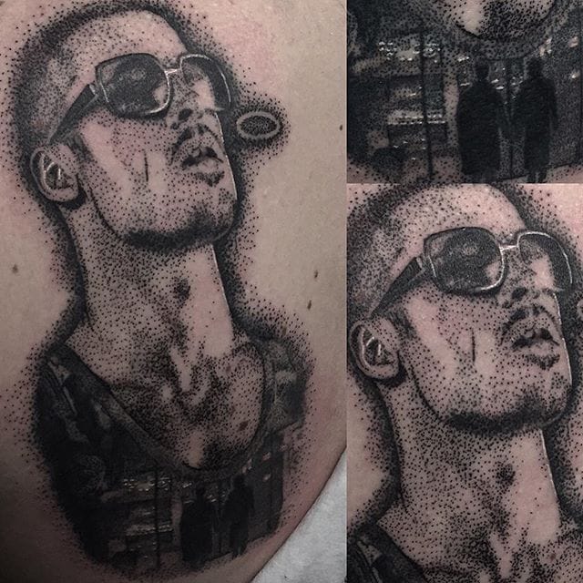 Tyler Durden Tattoo by Josh Watson #tylerdurden #fightclub #dotwork #dotworkportrait #blackworkportrait #portrait #blackdotwork #dots #blackwork #JoshWatson
