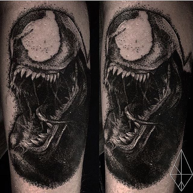 Venom Tattoo by Josh Watson #venom #dotwork #dotworkportrait #blackworkportrait #portrait #blackdotwork #dots #blackwork #JoshWatson